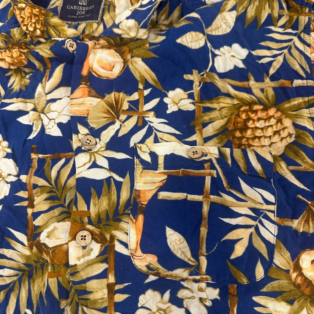 Caribbean Joe Mens Blue Tropical Pineapple Coconut Rayon Button Down Shirt L - Picture 9 of 10